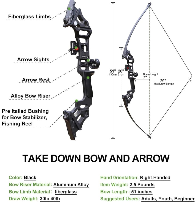 Archery Bows and Arrows Set for Adults, Recurve Bow Set for Adult Beginner & Youth, Takedown Hunting Bow and Arrow Set Outdoor, 30 40 Lbs Right Hand, Aluminum Alloy Bow Riser