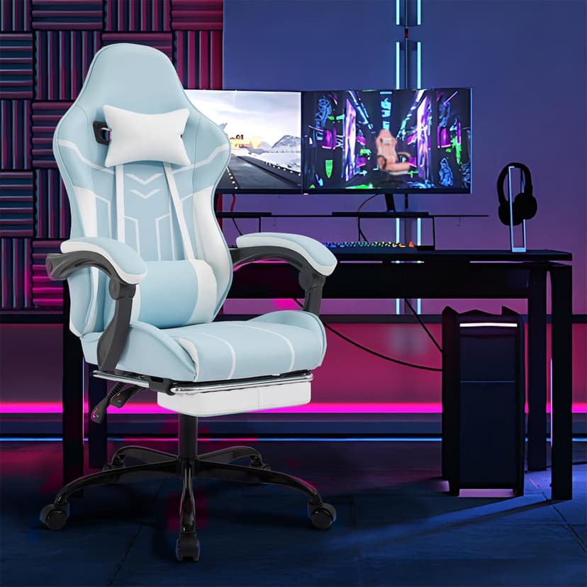Gaming Desk Chair for Adults, Ergonomic Gaming Chair with Footrest & Headrest and Lumbar Support, Leather Material Height Adjustable Computer Video Game Chairs (Blue+White)