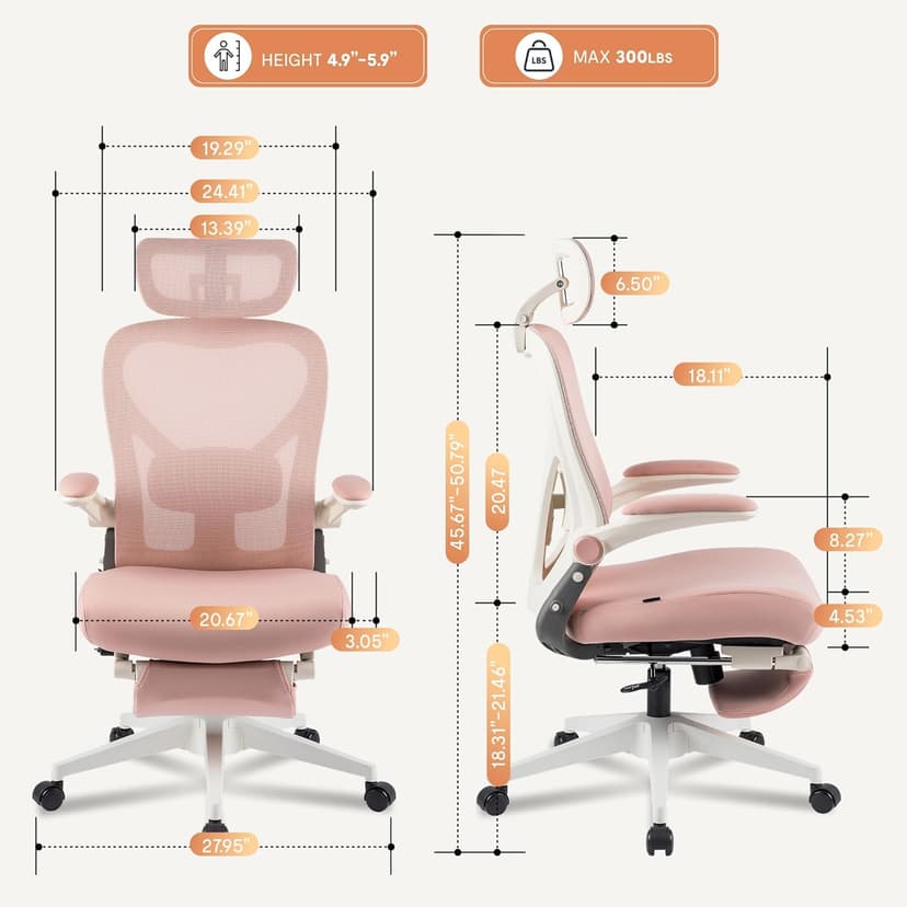 FLEXISPOT Foldex Ergonomic Office Chair, Folding Chair for Small Spaces with Lumbar Support, Flip-up Armrests, 3D Headrest, Desk Chairs with Footrest for Work,Video Game,Gift (Foam Seat, Pink)