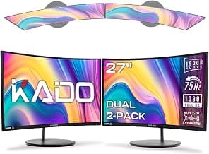 Kado Dual Monitor Setup - 2-Pack 27" Curved 1920x1080 Computer Monitor 1500R 75Hz VESA Mount HDMI Office Gaming Hybrid Built-in Speakers (C27X Dual Series)