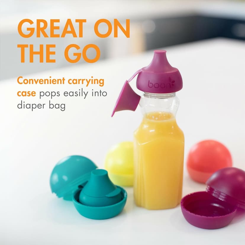 Boon Snug Sip Universal Water and Juice Silicone Bottle Toppers - Soft Spout Conversion Caps with Spill Proof Valves - Silicone Bottle Covers for Travel - Includes 4 Bottle Toppers and 4 Cases