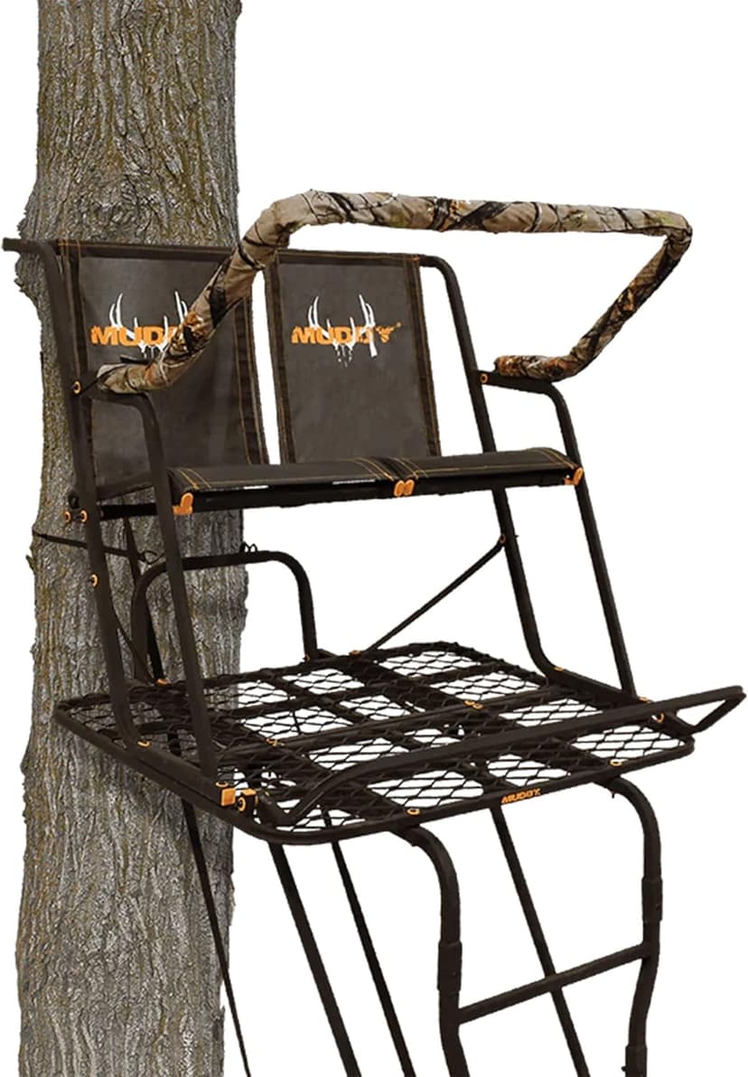 Muddy 2-Person Ladder Tree Stand for Deer Hunting, The Partner, 17' Tall, Black - Adjustable Climbing Treestand with Platform, Straps and Safety Harness for Shooting