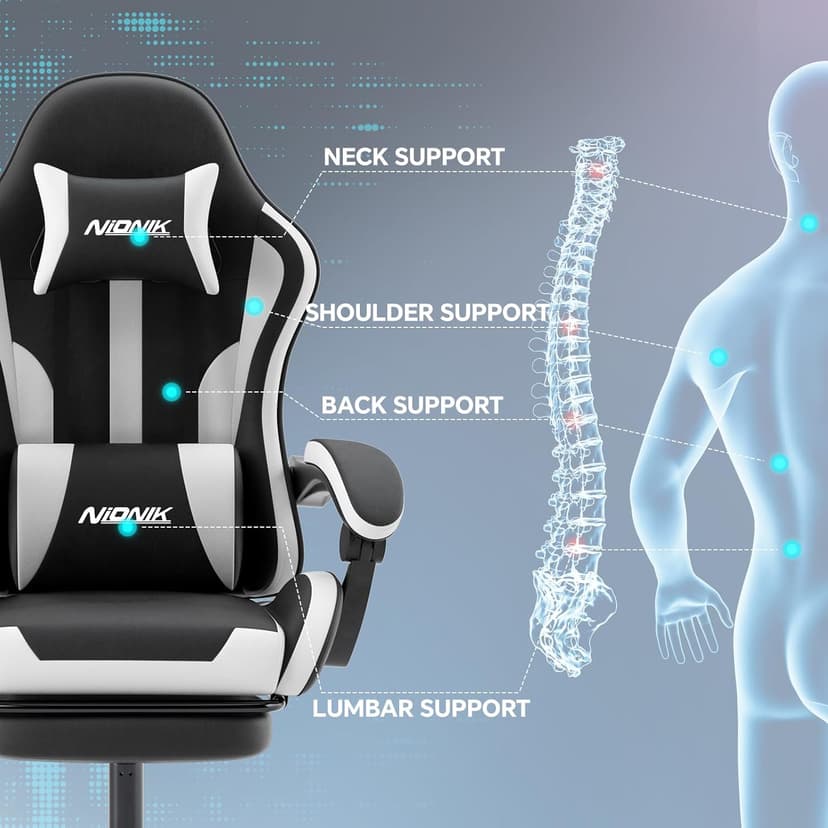 Gaming Chair, Ergonomic Computer Chair with Footrest and Lumbar Support, Height Adjustable Game Chair with 360°-Swivel Seat and Headrest and for Office or Gaming Blackwhite