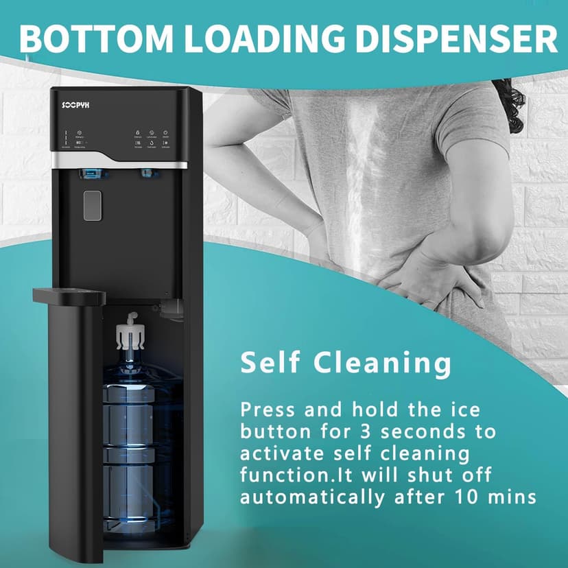 Self Cleaning Hot and Cold Bottom Load Water Cooler Dispenser with Ice Maker 5 Gal Built-in Bullet Ice Maker 22lbs Daily Capacity Black