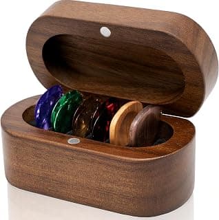 Onmiwod Guitar Pick Holder Set with 2 Color Wood Picks and 8 Celluloid Picks in 3 Thicknesses, Wooden Guitar Pick Case, Mini Jewelry Box, Guitar Music Accessories Gifts for Guitar Lover Player B0FMS2J7FV