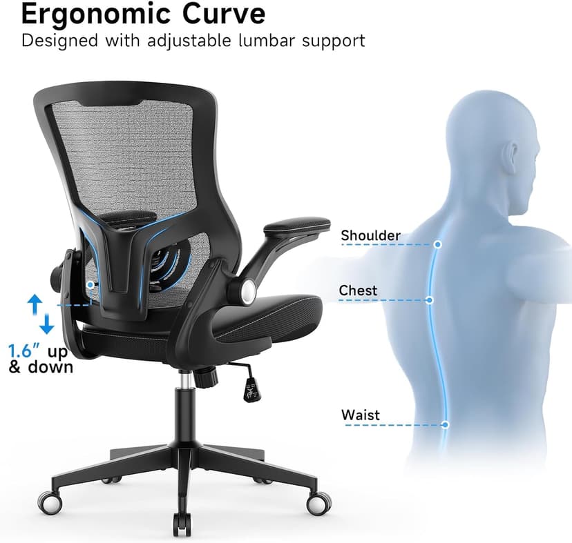 Office Chair Ergonomic Desk Chair 350lbs Comfy Mesh Computer Chair with Adjustable Lumbar Support Flip-up Armrests, Executive Rolling Swivel Comfy Task Chair for Home Office