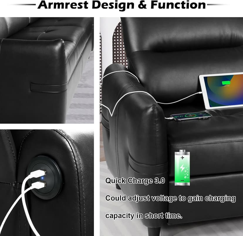 STHOUYN 85” Black Faux Leather Couch with USB, 3 Seater Sofa Couches for Living Room, Large Mid Century Modern Office Apartment Couch (Black)