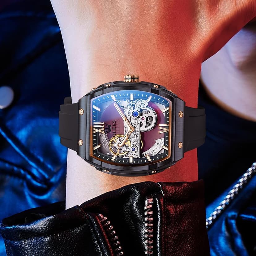 OLEVS Watch for Men Skeleton Automatic Tonneau Silicone Strap Business Luxury Waterproof Luminous Mechanical Men Wrist Watch