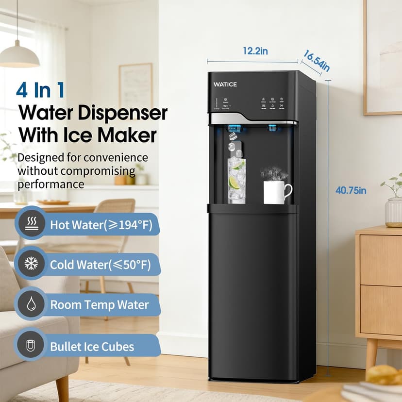 Self-Cleaning Water Dispenser with Ice Maker, Bottom Loading Hot & Cold Water Cooler for 3 or 5 Gallon Bottle - Child Safety Lock & Nightlight - Water Machine for Home, Office, Black