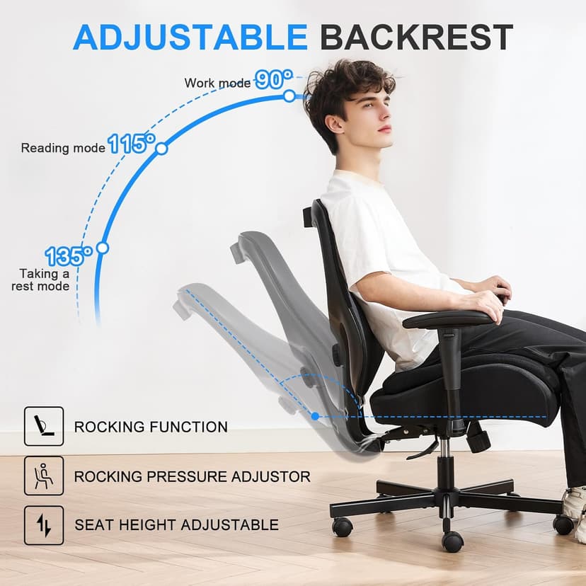 BOSMILLER Big and Tall Office Chair with Wide Thick Seat Cushion for Heavy People,700lbs Ergonomic Mesh Desk Chair with Adjustable Lumbar Support and Armrests for Adults Sitting All Day