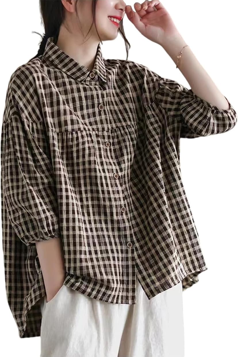 FEUSEUZ Korean Style Summer Shirt Women's Retro Cotton Linen Checkered Shirt Women's Loose Casual Short Sleeved top