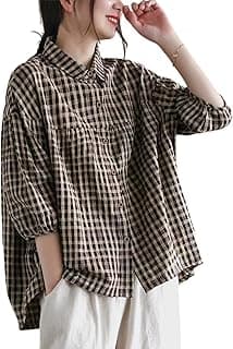 FEUSEUZ Korean Style Summer Shirt Women's Retro Cotton Linen Checkered Shirt Women's Loose Casual Short Sleeved top