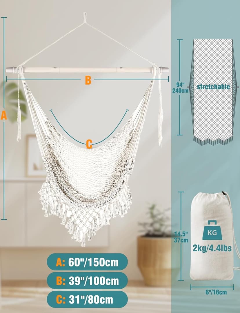 Chihee Hammock Chair Handmade Hanging Chair Cotton Rope Woven Hanging Seat Soft-Spun Large Stretch Hammock Swing, Collapsible Strong Metal Spreader Bar Elegant Macrame Comfort Indoor Outdoor Garden