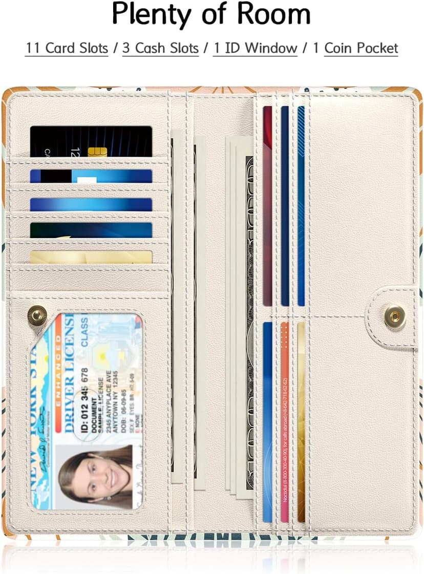 Nipichsha Womens Wallet, RFID Slim Wallets for Women, Thin Ladies Credit Card Holder Purse, Cute Leather Bifold Clutch Billfold with 11 Card Slots & ID Window, Boho Leaves