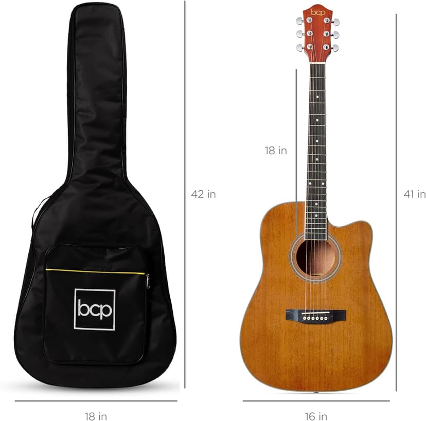 Best Choice Products 41in Beginner Acoustic Guitar Full Size All Wood Cutaway Guitar Starter Set w/Case, Strap, Capo, Strings, Picks - Natural Mahogany