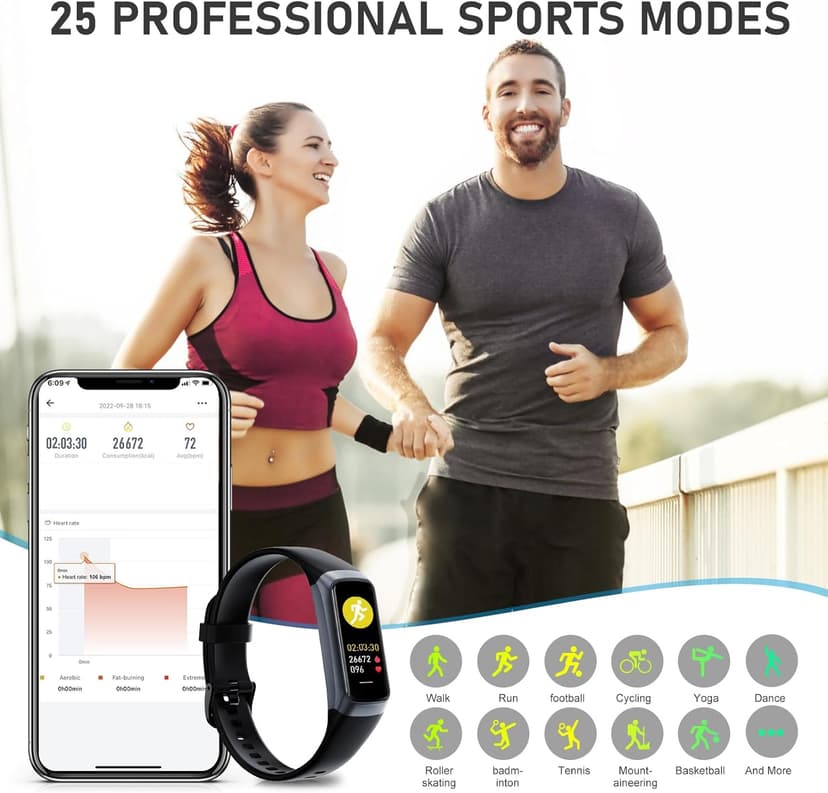 Fitness Tracker with 24/7Heart Rate, Blood Pressure, Sleep Tracking, Calorie, Activity Tracker with 1.1" AMOLED Color Screen, Waterproof Step Tracker for Android iPhones Women Men