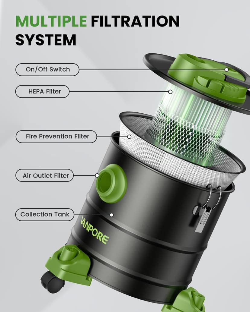 VANPORE Ash Vacuum Cleaner 5.2 Gallon with 1200w Suction Power&Wheeled Base, Ash Vacuum for Pellet Stoves, Fireplaces, Grill, Wood Stove, Fire Pits,Green