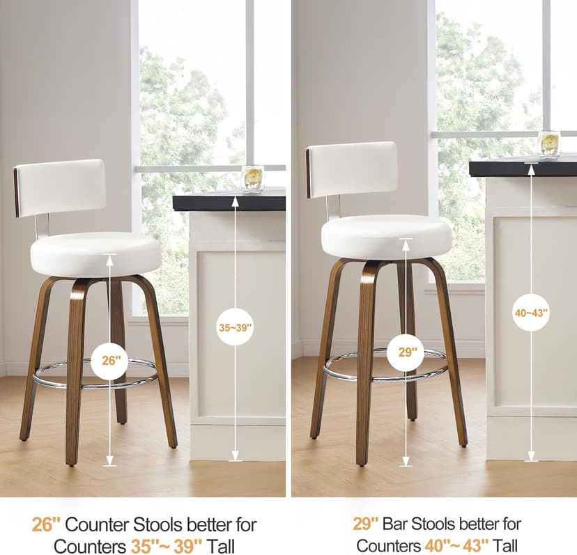 Bekrvio Swivel Counter Height Bar Stools Set of 3, Faux Leather Kitchen Stools Upholstered Barstools with Back, Walnut Wood Legs, Mid Century Island Chairs Counter Stools, 26" Seat Height, White