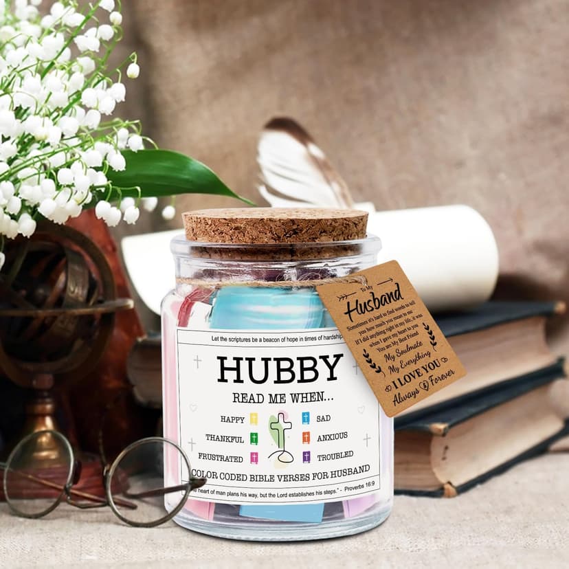 NewEleven Gifts For Husband - Husband Birthday Gift, Christian Gift For Him, Husbands - Anniversary Present For Him Hubby From Wife, Her - Decorative Glass Scripture Jar With 92 Bible Verse