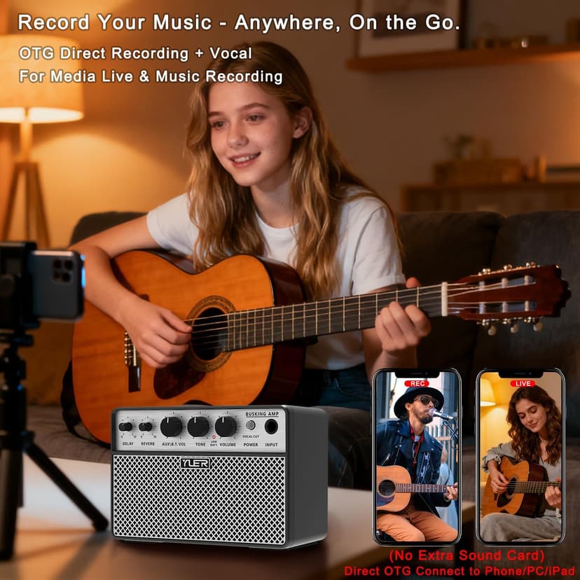 Yuer BA-10Pro 10W Acoustic Guitar Amp, Portable Vocal & Guitar Amplifier with Digital Delay/Reverb Effect Headphone Jack/OTG Wireless Small Guitars Amp for Recording, Practice, Travel with Carry Bag