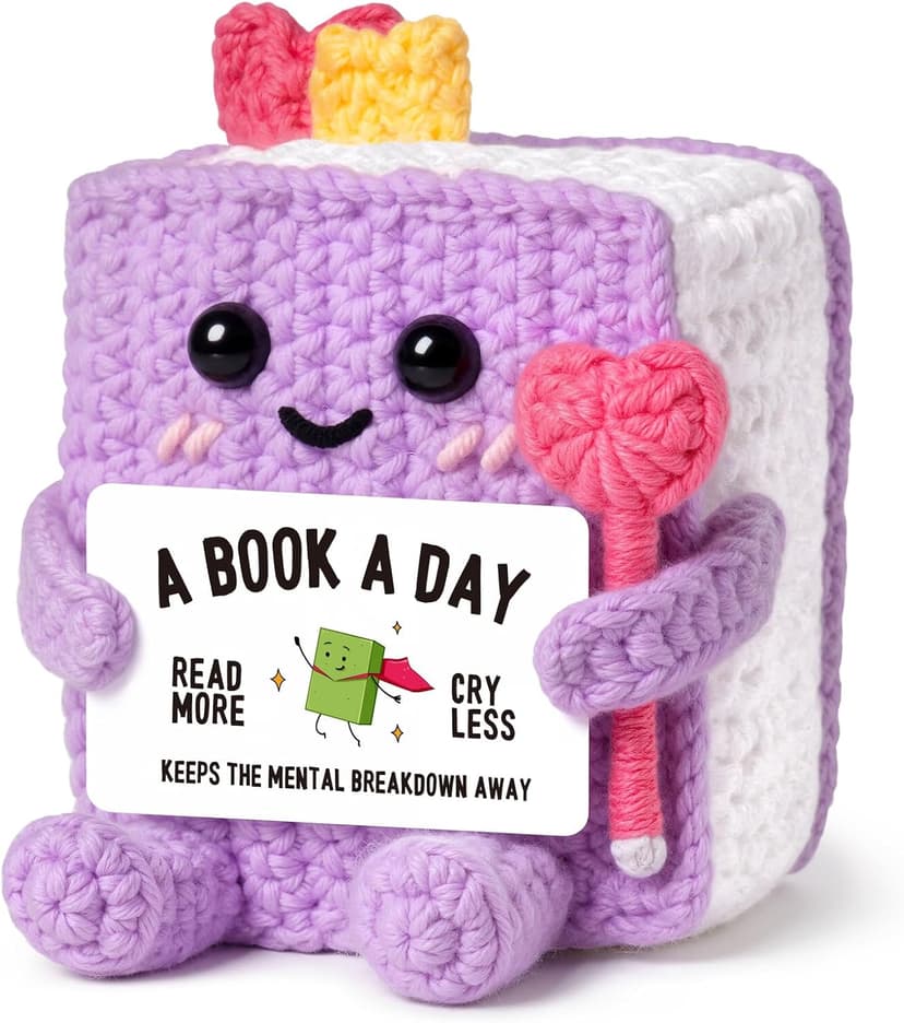 Funny Book-Themed Birthday Book Club Bookish Gifts for Reader, Librarian, Bookworm, Desk Decor, Handmade Book Lovers Gifts for Women, Girl, Book-Shaped Positive Support Crochet B0GL26L547