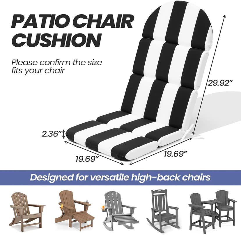 Crestlive 50x19.6 Inch Adirondack Chair Cushion Set of 2, Water Repellent, Fade Resistant, High Back Outdoor Rocking Chair Cushion for Patio, Black White Stripe