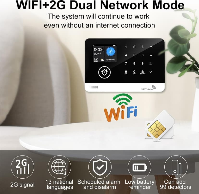 Home Alarm System with Camera, 23 Pieces Wireless WiFi/GSM SMS Home Security System with Motion Detector, 120dB Alarm Siren, Remote Control, Doorbell Button and SOS Button for Villa,Warehouse