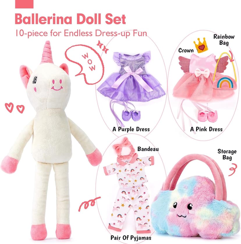 Ballet Dress up Doll with Plush Bag, 4 Year Old Girl Birthday Gifts 5 Year Old Kids Present, Airplane Travel Soft Plush Unicorns Toys for Girls Age 4-6, Ballerina Doll Stuffed Animal Girl Toy 4-5 B0DJQQY2YM