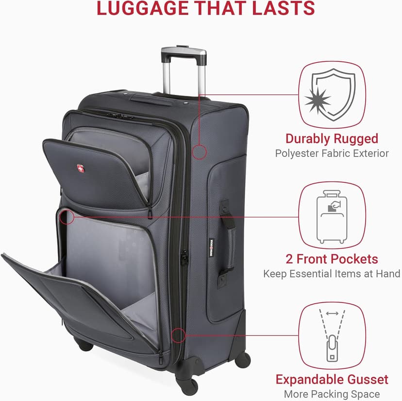 SwissGear Sion Softside Expandable Luggage – Large Checked Suitcase with 360 Degree Wheels & Retractable Handle – 29 Inch, Perfect for 7-9 Night Trips – Dark Gray