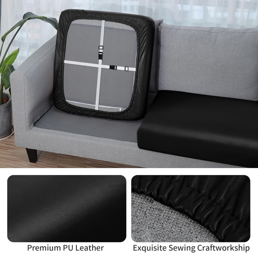 YISUN PU Leather Couch Cushion Cover, Waterproof Stretch Sofa Cushion Slipcovers, Faux Leather RV Chair Seat Covers, Loveseat Cushion Cover Replacement Chair/Furniture Protector, 2Pcs(Black)