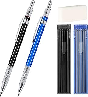 2mm Mechanical Pencil Set, 2 Pieces Artist Carpenter Drafting Pencils 2.0 mm with 2 Tube Lead Refill (HB, 2B), Art Lead Holder Metal Marker for Draft Drawing, Writing, Art Sketching