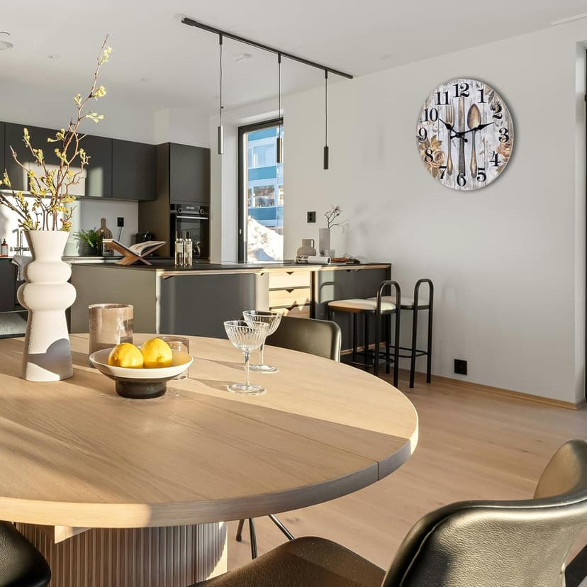 Keepcross Kitchen Wall Clock Fork & Spoon Cutlery Theme Rustic Modern Farmhouse Decor Glass Clock for Kitchen, Dining Room - 8 Inch, Battery Operated