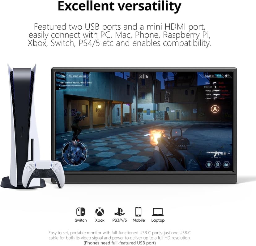 Anyuse Portable Monitor 15.6 Inch 1080P USB-C HDMI Ultra-Slim Travel Monitor with Kickstand, for Laptop, PC, Mac Phone, PS, Xbox, Swich IPS Ultra-Thin Zero Frame Gaming