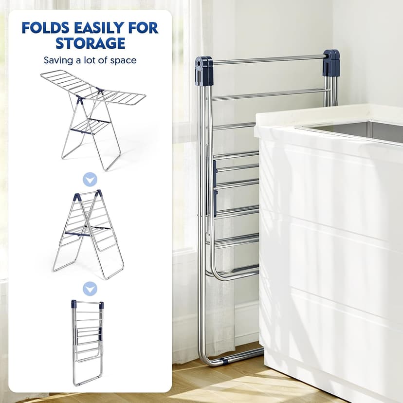 APEXCHASER Clothes Drying Rack, Stainless Steel Drying Rack Clothing with Height-Adjustable, Foldable Gullwings Laundry Drying Rack, Indoor Outdoor Use, No Assembly
