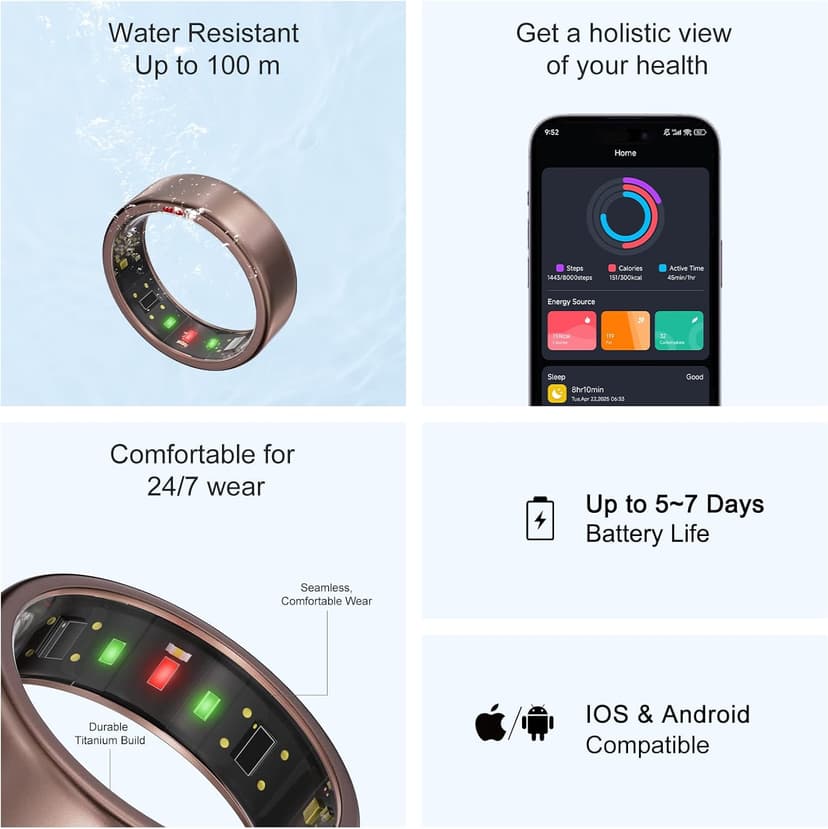 POBOVi Ring OnePlus - Ultra-Thin Titanium Smart Ring - 7 Days Battery Life - Fitness/SPO₂/Stress/HR/Sleep Skin Temperature Tracker - No App Fee - iOS&Android Compatible (Rosegold,7)