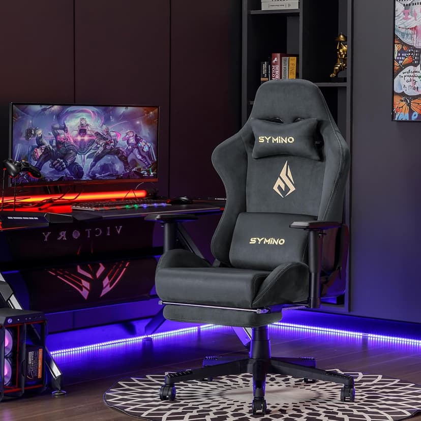 Symino Gaming Chair with Footrest, 2D Armrests Up/Down & Left/Right, Suede Fabric Ergonomic Office Chair, 150° Recline Computer Chair for Desk, Grey