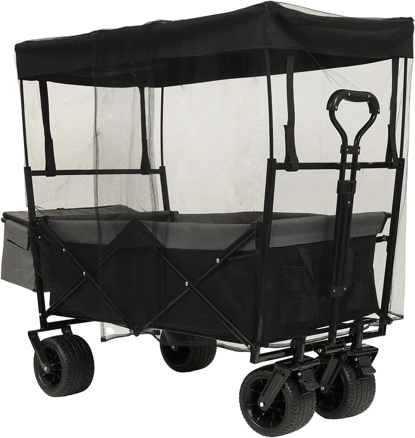 480Lbs Collapsible Wagon with Canopy Steel Black Large Capacity for Camping, Shopping, Sports, Garden Use Mosquito Net Outdoor-Ready