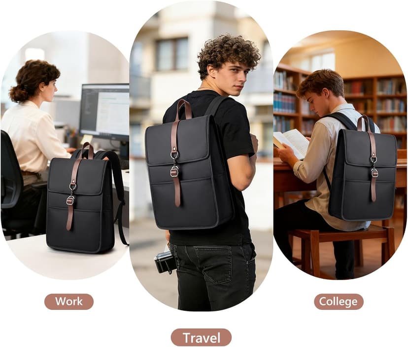 HEROIC KNIGHT Laptop Backpack for Men Women, Slim Work Travel Backpack with USB Charging Port, Lightweight Computer College Backpack Bag, Vintage Commuter Casual Daypack Fits 15.6 Inch Laptop,Black