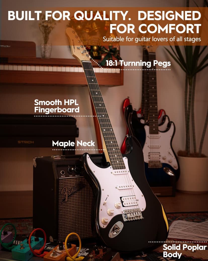 STRICH Electric Guitar Left Hand Beginner Kit, Solid Body 39" Electric Guitar HSS Pick Up for Starter, with 5W x 2 Amp, Bag, Digital Tuner, Capo, Strap, String,Cable, Picks, SST-S20L Black