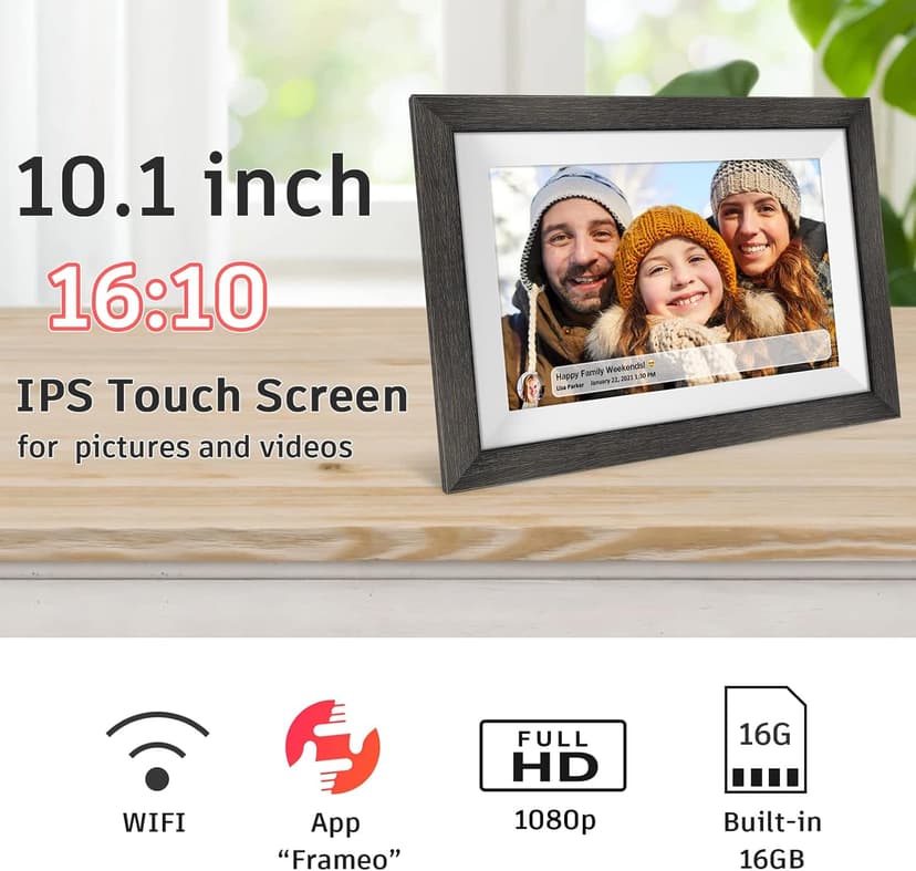 Frameo 10.1 inch Digital Picture Frame WiFi Smart Digital Photo Frame Wood IPS HD 1280 * 800 1080P Touch Screen Auto-Rotate Easy Setup to use Free Share Photos and Videos Gift for mon Father Women
