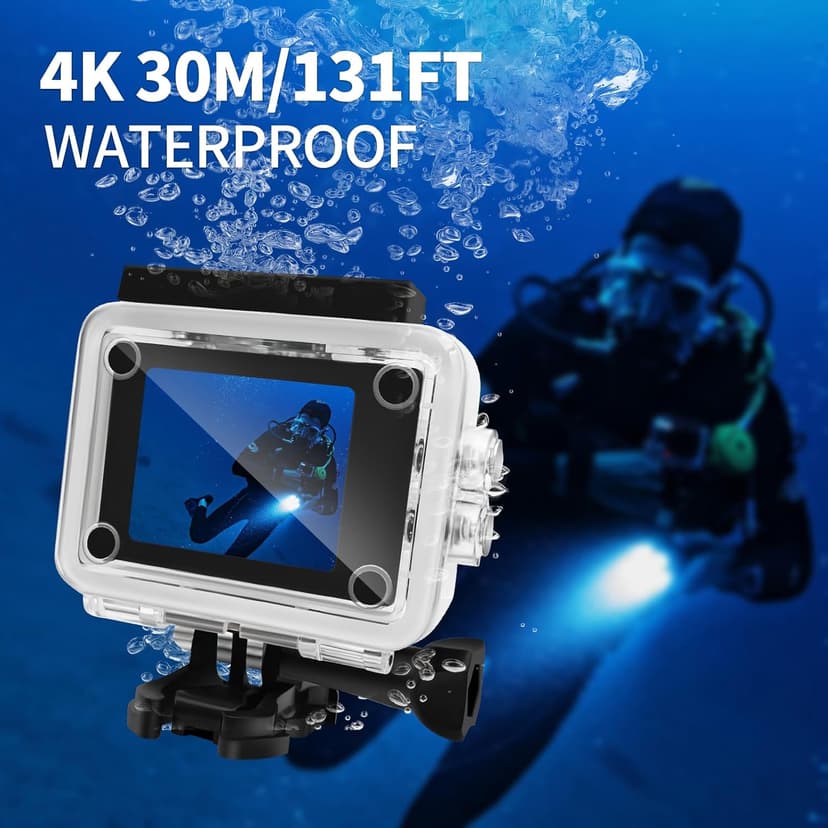 Cecosy Action Camera 4K 30FPS, Waterproof Camera 30M Underwater Ultra HD 131FT 170°Wide Angle Shooting, with 2 x 1050 mAh Batteries for Cycling, Ice Skating, Skiing, Fishing, Climbing