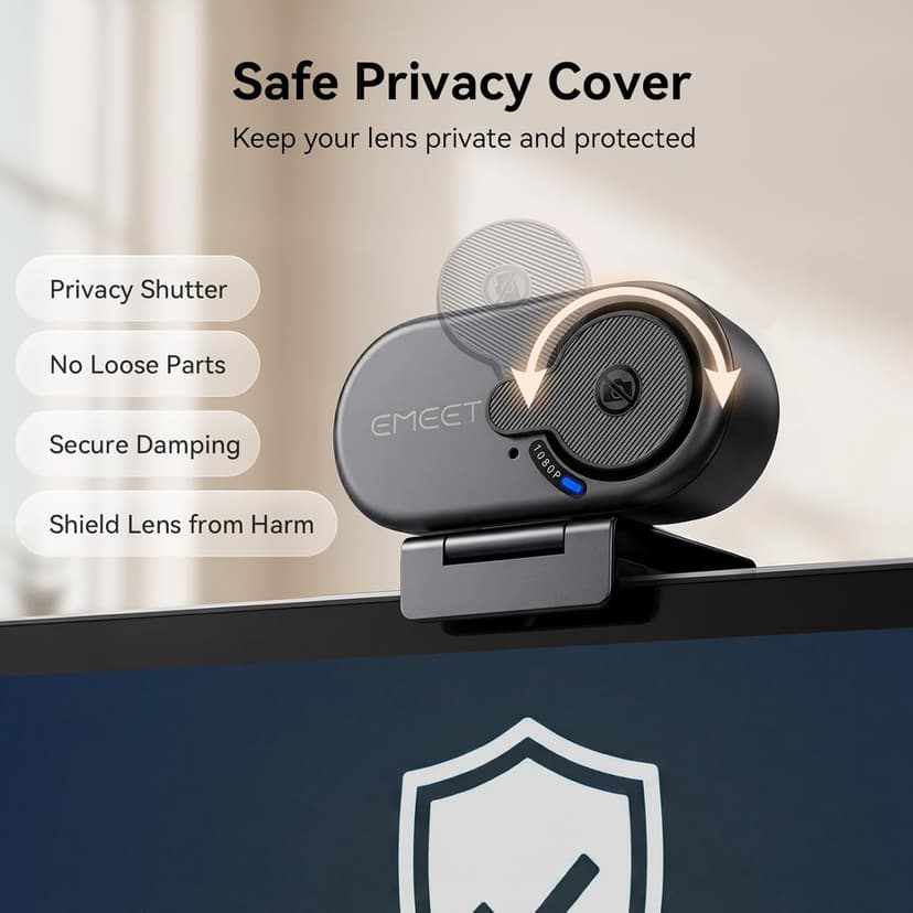 EMEET C100 1080P Webcam for PC, Fixed Focus, 66° FOV, Built-in Mic, Privacy Cover, Portable Metal Clip, Computer Camera for Home Office, Online Learning, Meetings, Streaming, Desktop, Laptop, PC USB-A