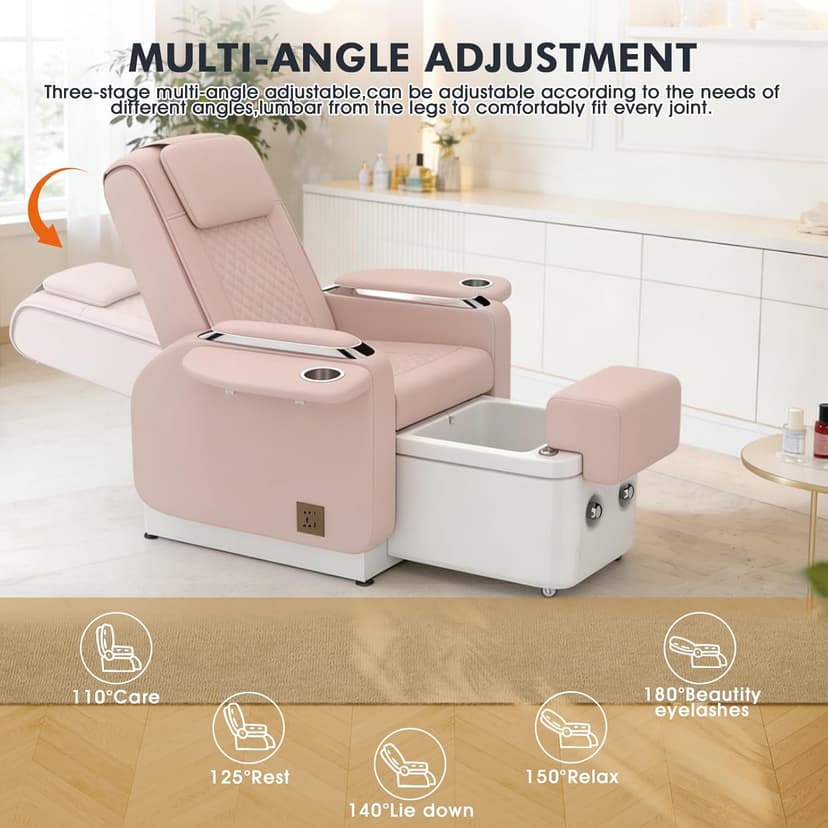 Artist hand Spa Chair with Foot Spa Basin, Manicure & Massage Chair, Electric Recline, 4-Head Back Massage, Hot/Cold Water Controls, LED Light & Jet Tub, Fast Drain Pump, Pull-Out Bowl (Pink)