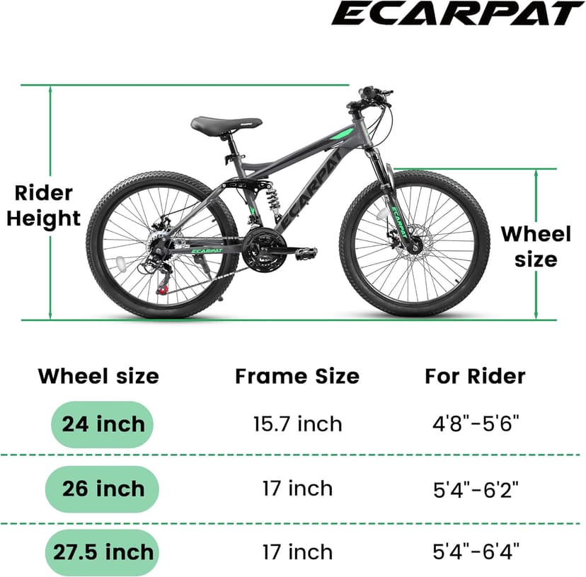 Ecarpat 24/26/27.5 Inch Mountain Bike, Full/Front Suspension Mens Boys Mountain Bike with 21 Speed Steel Frame and Dual Disc Brakes, Adult Sport Bicycle for Trail City Road, Gift Choice