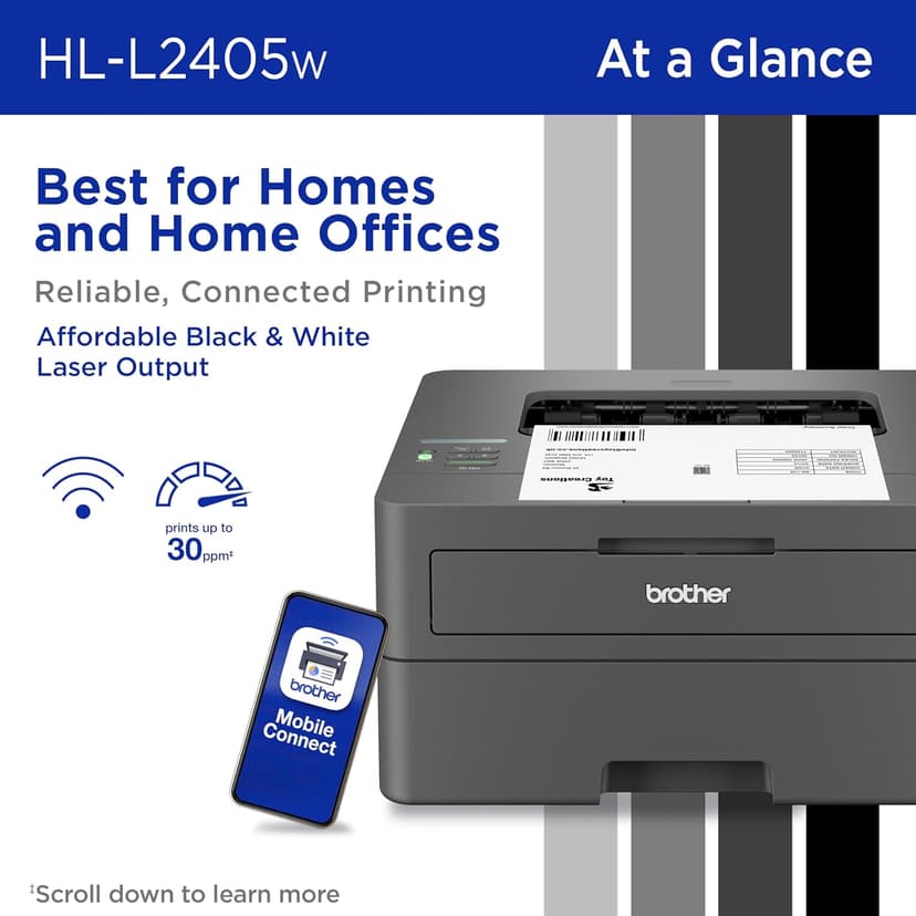Brother HL-L2405W Wireless Compact Monochrome Laser Printer with Mobile Printing, Black & White Output | Includes Refresh Subscription Trial(1), Works with Alexa