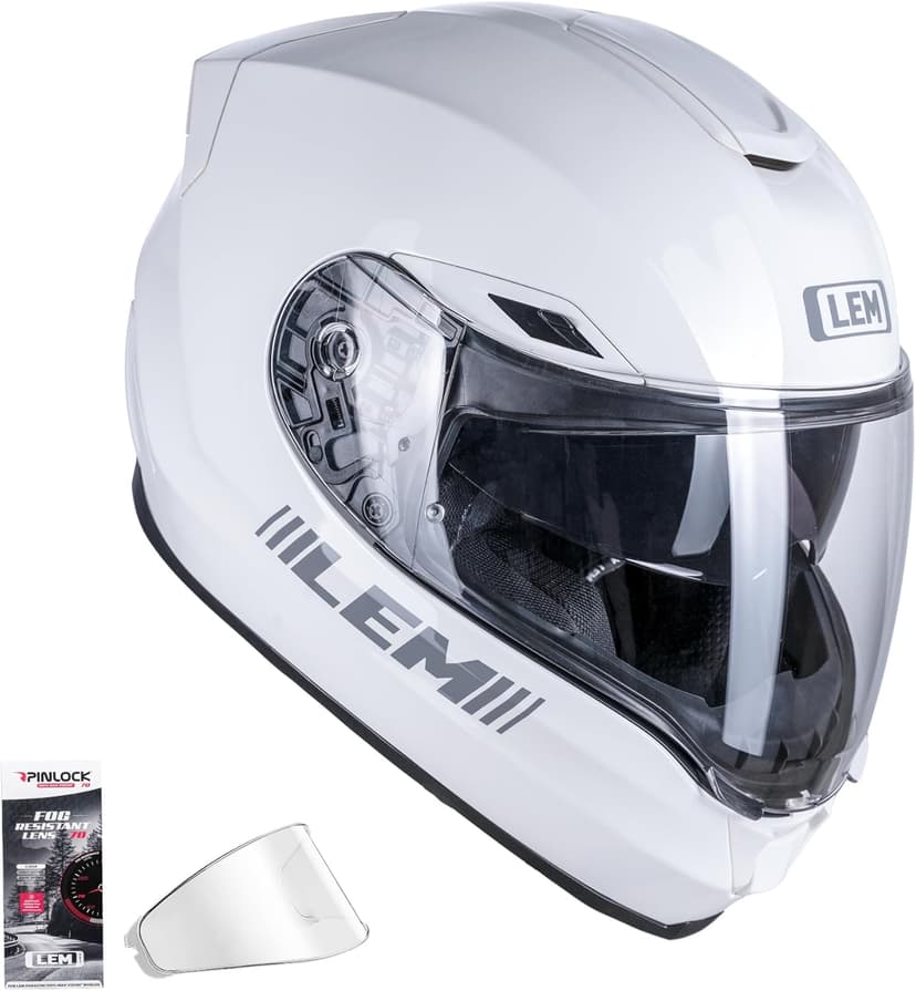 LEM Motorcycle Helmets Full Face, Helmets for Men DOT Certified, PINLOCK & DVS Dual Vision, Motorcycle Street Bike Helmet for Adults Fiberglass Shell Bluetooth Ready for Cruiser(White, Size M)
