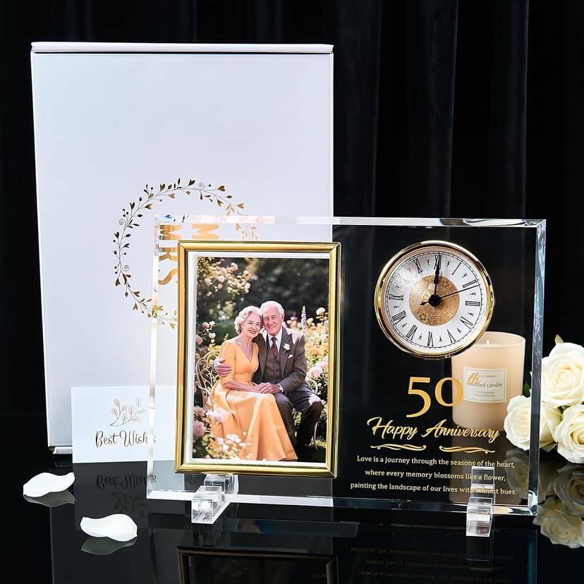 Dxaeqr 50th Wedding Anniversary Keepsake for Couples, Crystal Glass Photo Frame Clock, Golden Anniversary Present for Parents Grandparents Wife Husband, Holds 4x6 Photo B0G6WN24TD