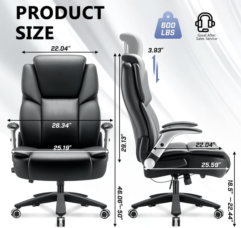 600lbs Big and Tall Office Chair, Heavy Duty Executive Desk Chair for Heavy People, Extra Wide PU Leather Computer Chair with 4" Adjustable Headrest & Air Lumbar Support