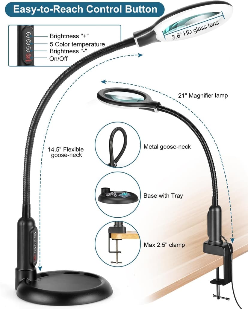 12X Magnifying Glass with Light and Stand, Real Glass, LED 5 Color Modes, Brightness Stepless Dimming Lighted Magnifier Hands Free with Flexible Gooseneck Desk Clamp Lamp for Close Work, Craft, Hobby B0DC3KH6XY