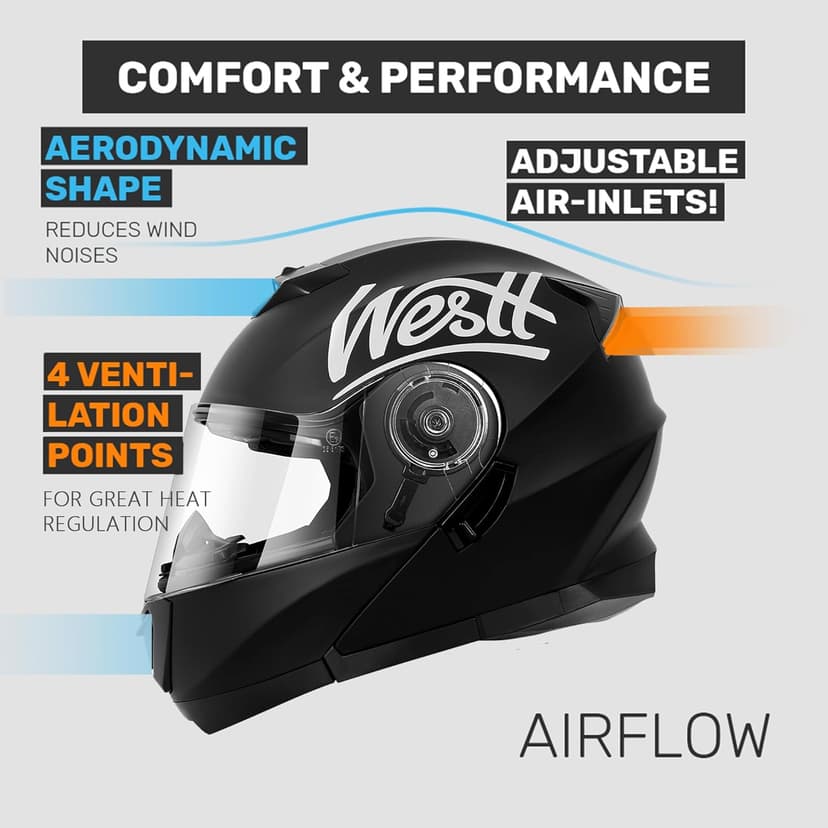Westt Modular Motorcycle Helmet - DOT Approved - Full Face Flip Up, Internal Sun Visor for Men Women (Street Bike, ATV, Snowmobile)
